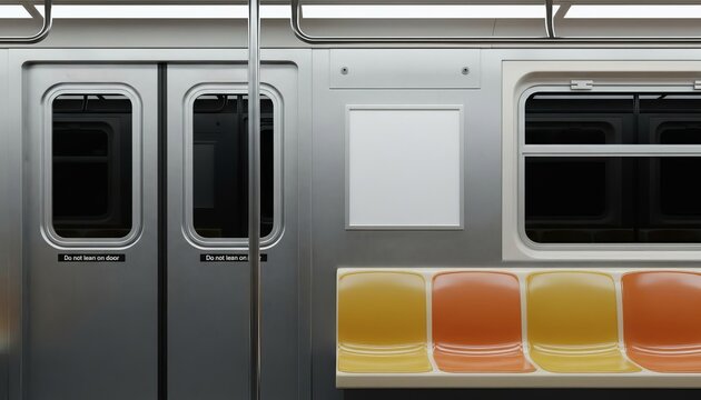 Modern subway train interior with empty seats, blank advertisement frame, and closed doors, perfect for copy space.