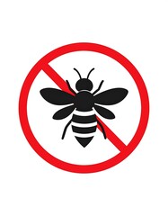 A black and white bee icon within a red prohibition sign