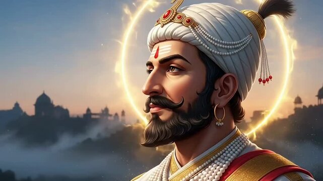 Shivaji Maharaj serene royal portrait with glowing halo and traditional turban video motion animated footage and animation symbolizing Maratha leadership and national pride