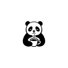Fototapeta premium Minimalist black and white panda illustration holding hot coffee cup expressing tired mood, simple flat icon style, cute character design isolated on white background
