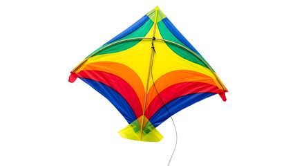 Obraz premium Colorful rainbow kite flying in the sky, vibrant diamond shaped kite for outdoor summer fun, multi colored nylon kite with wooden frame isolated PNG with Transparent Background