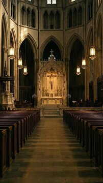 Vertical Video-Church Oak Pews Symmetrical Vertical - Rows Centered Altar Moody Tungsten Lamps Solemn Sharp