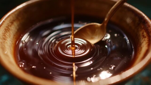 A Close-Up View of Honey Being Swirled with a Spoon Creating Beautiful Ripples in a Bowl, Highlighting the Rich Color and Texture of the Natural Sweetener