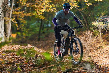 Naklejka premium Mountain Biker Riding Through Autumn Forest Trail in Action with Helmet and Gear