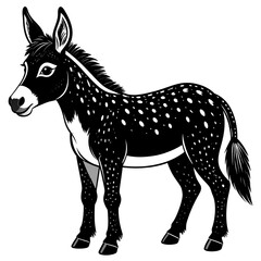 A black and white illustration of a donkey with distinctive spots