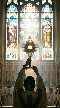 Vertical Video-Priest Hands Monstrance Elevation Silhouette - Backlit Stained Glass Window Halo Gold Ethereal