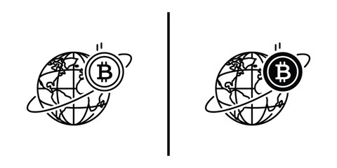 A black and white illustration of the Earth with cryptocurrency symbols orbiting around it. © Vectorzone