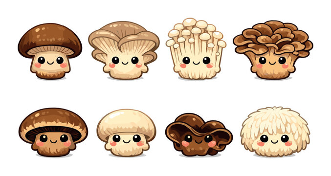 Cute cartoon mushrooms with faces and expressions