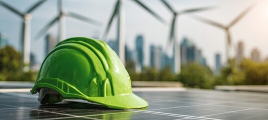Worker helmet on the top of solar panel with bokeh windfarm. Renewable clean energy for electricity. Generative AI technology.	
