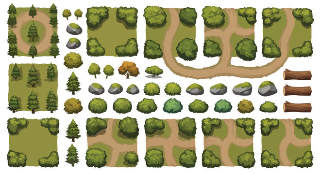 Top-down vector game assets: green trees, bushes, rocks, dirt paths, and grass squares for map building, isolated on white