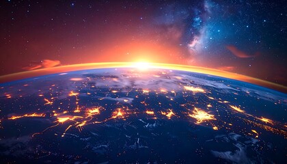 Earth from Space at Sunset with City Lights.