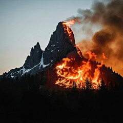 Majestic Mountain Wildfire Scorches Rugged Slopes at Twilight