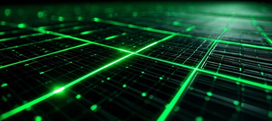 Glowing green solar panel cell. Clean green energy technology concept. Generative AI technology.	
