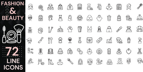 Fototapeta premium Fashion and Beauty Line Vector Icons Set Including Clothing, Accessories, Makeup, Skincare and Personal Care Symbols