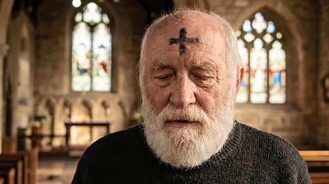 Portrait of White-Bearded Man with Ash Cross on Forehead