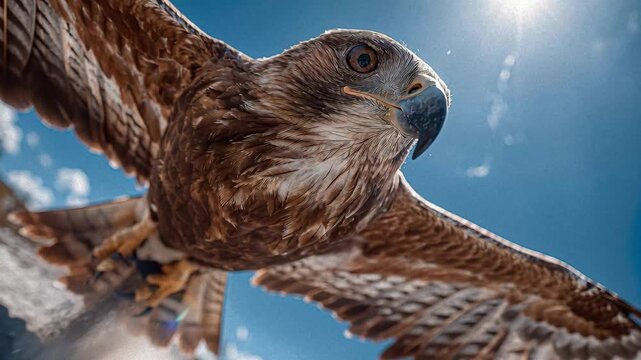 Close-up image of an eagle mid-flight, displaying its majestic form and intimidating gaze Brown feathers with lighter areas on wings against a blurred forest backdrop Shallow depth of - AI-Generated