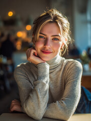 Young woman in cozy grey sweater smiling warmly with soft sunlit glow in a relaxed cafe setting with blurred background and warm ambient lights