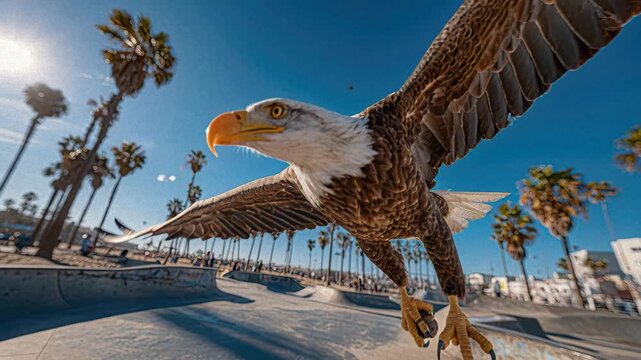 Dramatic mid-flight bald eagle over sandy beach, dotted with palm trees Brown and white feathers, descending towards water Contrasting light and shadow from right side sunlight Wildl - AI-Generated