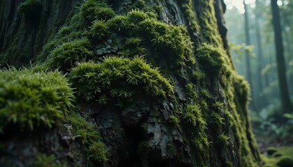 Fototapeta premium Mossy Tree Trunks in Misty Forest Light