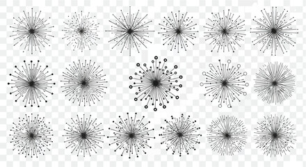 Vector black sunbursts, starbursts, and firework explosion shapes set on transparent background, radial lines design elements © sweet.love.com