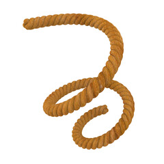 Thick 3D rendered natural fiber rope twisting dynamically in a spiral shape, isolated on a deep black .