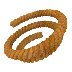 A 3D rendered thick natural fiber rope twisting into a stylized spiral shape against a solid black .