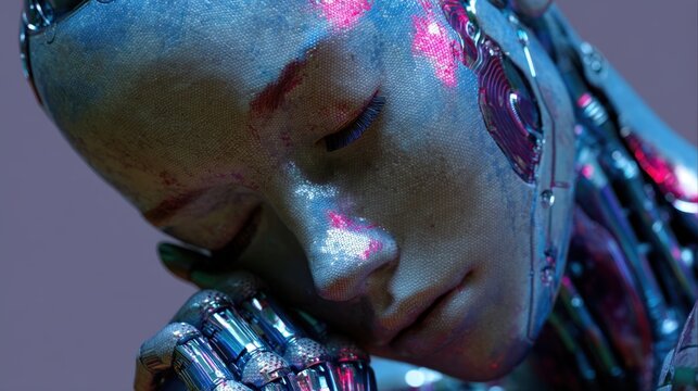 Futuristic female android with metallic features and neon accents.