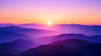 Obraz premium A serene mountain landscape at sunset with vibrant purple and orange hues in the sky