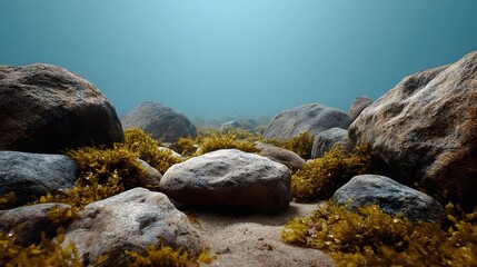 Fototapeta premium Underwater scene with various rocks scattered across a sandy seabed covered in lush vibrant seaweed under clear blue water