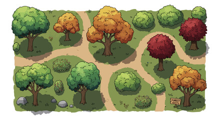 Top down vector park map with green and autumn trees, bushes, and winding dirt paths, isolated on white © sweet.love.com