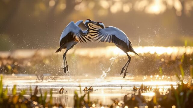 Two beautiful cranes dancing in the water at sunset.