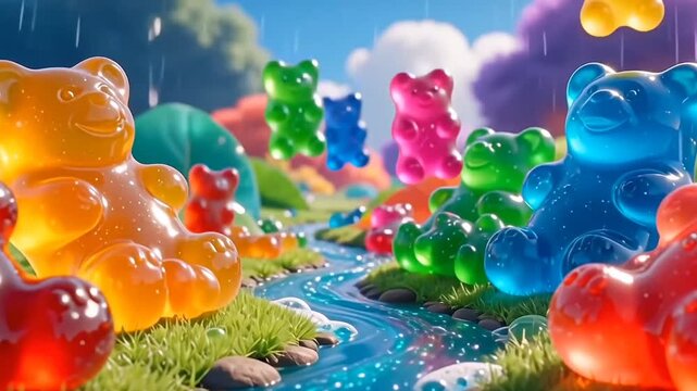 Surreal fantasy landscape with colorful gummy bears rain
