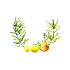 Watercolor wreath with lemons, olive oil and green olive branches isolated on a white background.
