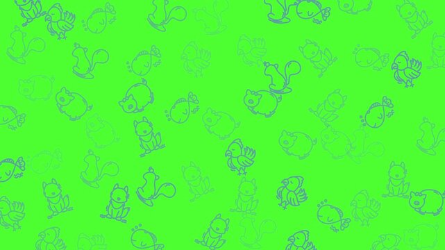 Bright green background with blue squirrel outlines scattered. Suitable for naturethemed designs, childrens illustrations, and wildlife concepts. Ideal for digital projects.