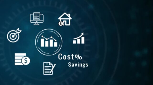 Digital infographic displaying financial for cost percentage analysis including a computer screen with charts a house a target with an arrow stacked coins with a dollar sign and a document with a