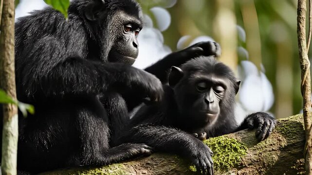 Two black monkeys grooming each other on a tree branch.