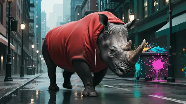 A rhinoceros in a red hoodie stands in a deserted urban street. The urban setting features graffiti and muted buildings, creating an unusual scene around the rhinoceros.
