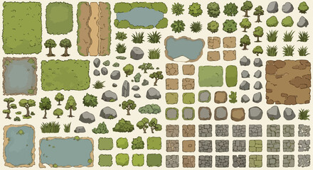 Top-down vector game tileset with grass, dirt paths, water, trees, bushes, and rocks for map creation, isolated on white © sweet.love.com