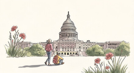 Fototapeta premium Exploring the U.S. Capitol, Washington D.C., Illustration, Urban Environment, Child's Perspective, Government Heritage