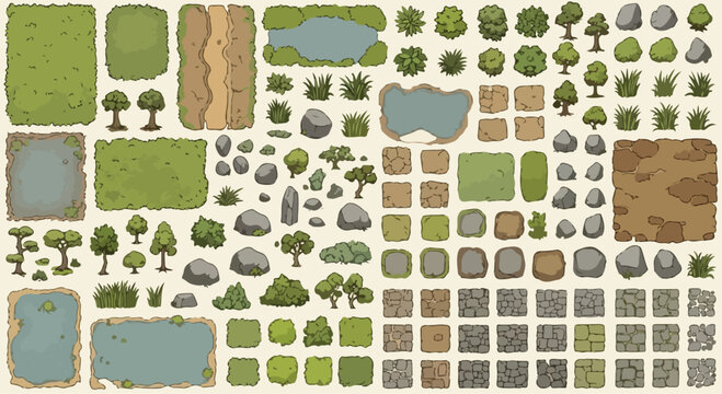 Top-down vector game tileset with grass, dirt paths, water, trees, bushes, and rocks for map creation, isolated on white