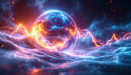 Glowing Earth in Cosmic Space Surrounded by Energy.