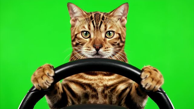 Bengal Cat Driving an Imaginary Vehicle on Green Screen, Pet Portrait with Steering Wheel, Feline Animal in a Mock