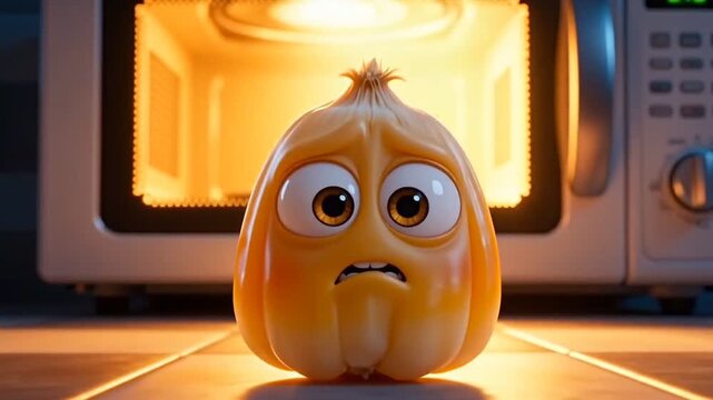 Cute surreal popcorn kernel looking scared and sad in front of a glowing microwave oven, 3D animated scene.