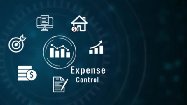 Digital infographic displaying financial for expense analysis including a computer screen with charts a house a target with an arrow stacked coins with a dollar sign and a document with a pencil