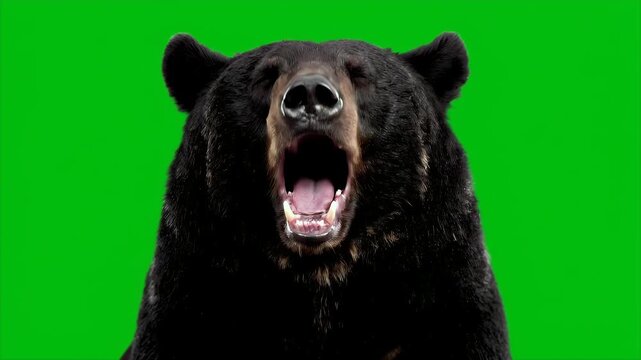 Close up of Black Bear Ursus Americanus Yawning Isolated on Green Screen Background in Studio Lighting Educational