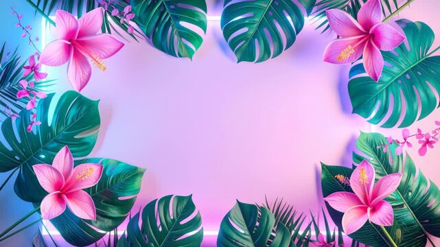 Tropical green leaves and pink hibiscus flowers forming frame with glowing neon light.