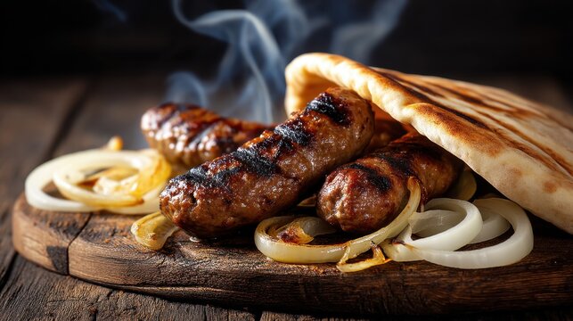 Grilled cevapi sausages with onions and pita on wooden board.