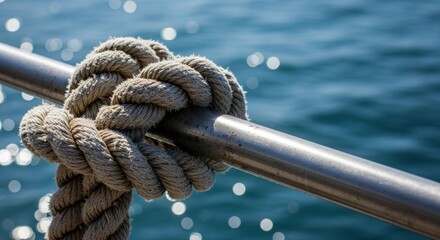 Fototapeta premium A close-up of a thick rope tied tightly around a metal bar, with blurred water