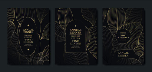 Luxury gold floral line pattern, dark background, elegant leaves, flowers, botanical branches. Minimalist vector invitation design, wedding, gala, birthday, or anniversary cards, Japanese elegance