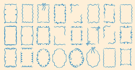 Hand drawn retro frame vector set with doodle vintage borders, ribbons, and bows. Elegant swirly line silhouettes perfect for invitations, greeting cards, postcards, and decorative design.
